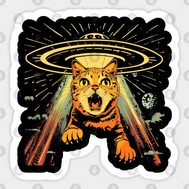 Shocked Cat and UFO Invasion Sticker by OscarVanHendrix